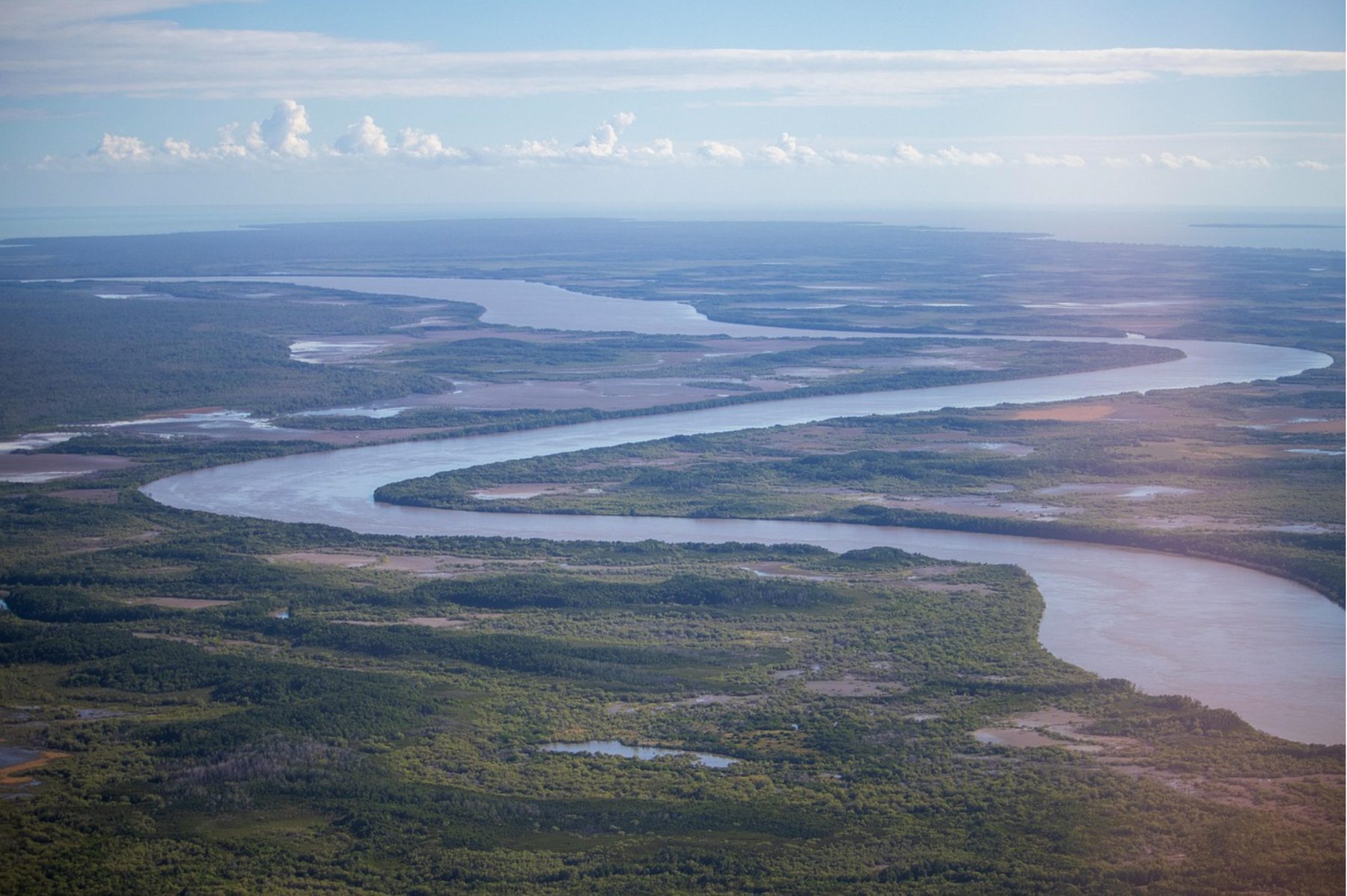 Aerial view of a wide river meandering through green coastal floodplain toward the sea — the view from altitude, where the details blur together